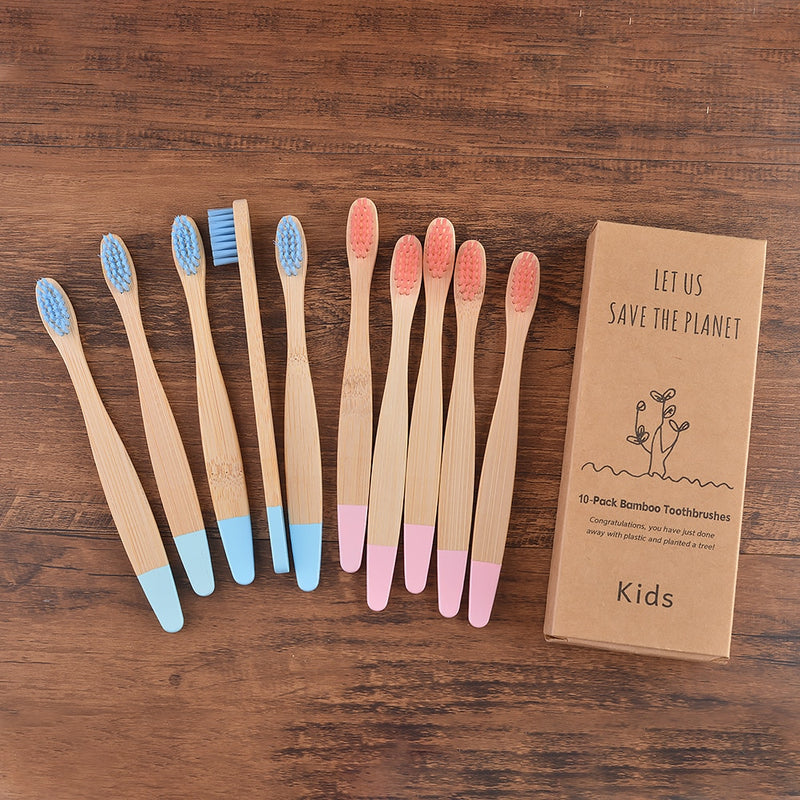 😁 Escova Infantil de Bambu - Kit com 10 escovas de dentes para crianças - Tons pastéis