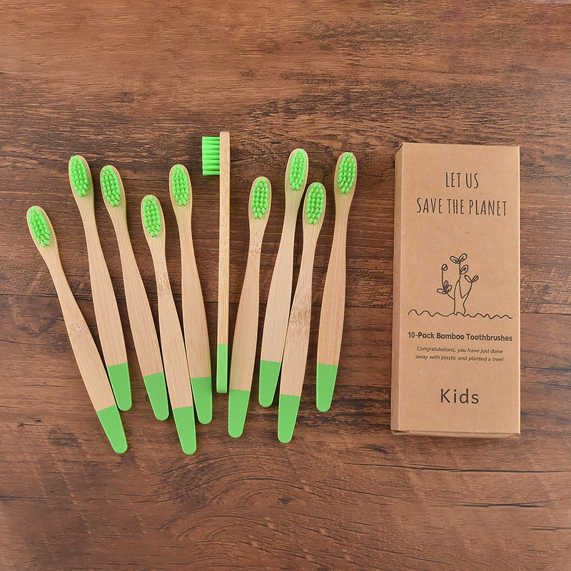 😁 Escova Infantil de Bambu - Kit com 10 escovas de dentes para crianças - Tons pastéis