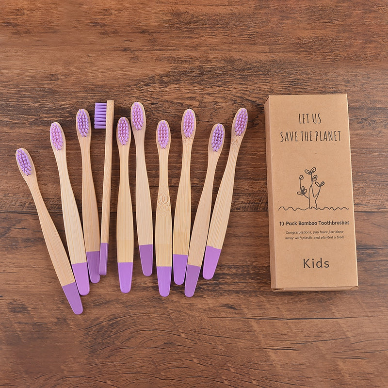 😁 Escova Infantil de Bambu - Kit com 10 escovas de dentes para crianças - Tons pastéis