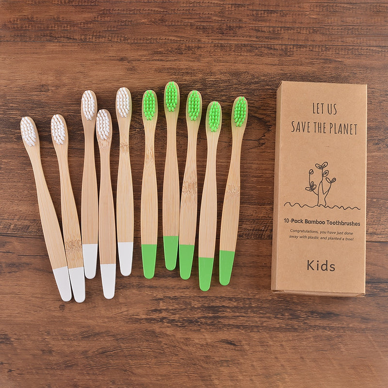 😁 Escova Infantil de Bambu - Kit com 10 escovas de dentes para crianças - Tons pastéis