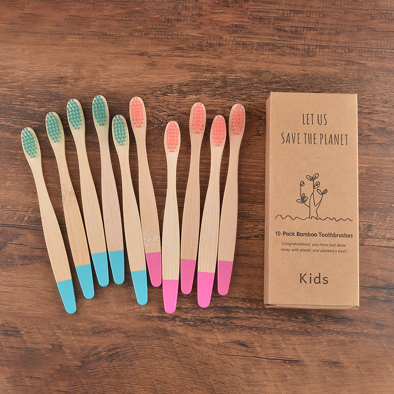 😁 Escova Infantil de Bambu - Kit com 10 escovas de dentes para crianças - Tons pastéis