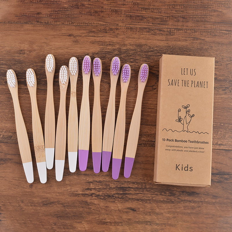 😁 Escova Infantil de Bambu - Kit com 10 escovas de dentes para crianças - Tons pastéis