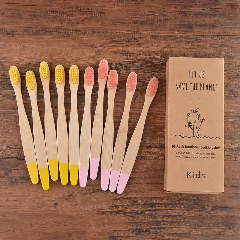 😁 Escova Infantil de Bambu - Kit com 10 escovas de dentes para crianças - Tons pastéis