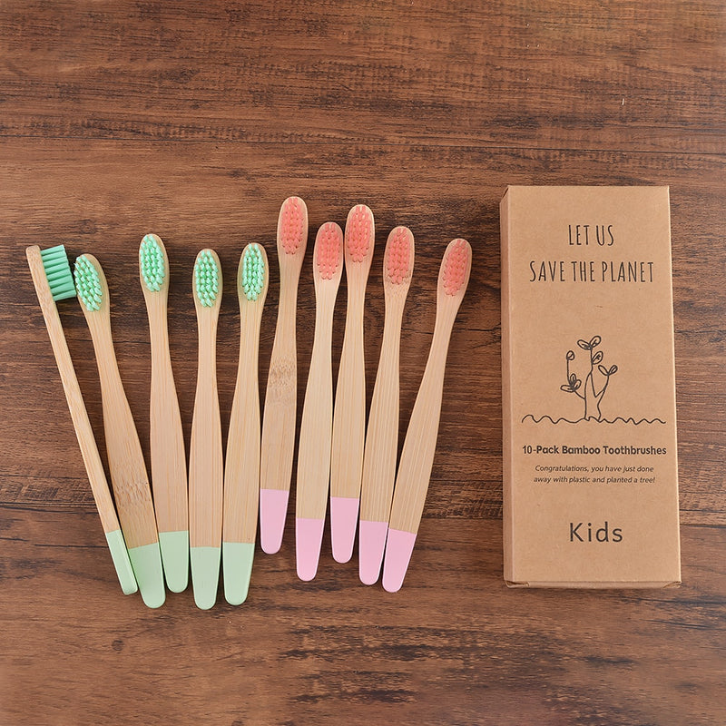 😁 Escova Infantil de Bambu - Kit com 10 escovas de dentes para crianças - Tons pastéis