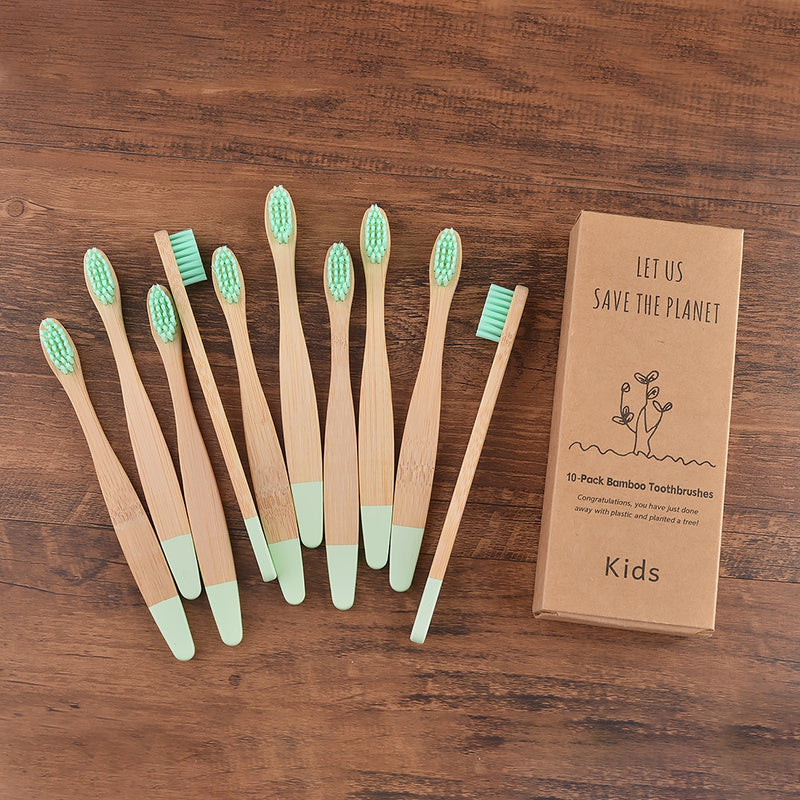 😁 Escova Infantil de Bambu - Kit com 10 escovas de dentes para crianças - Tons pastéis