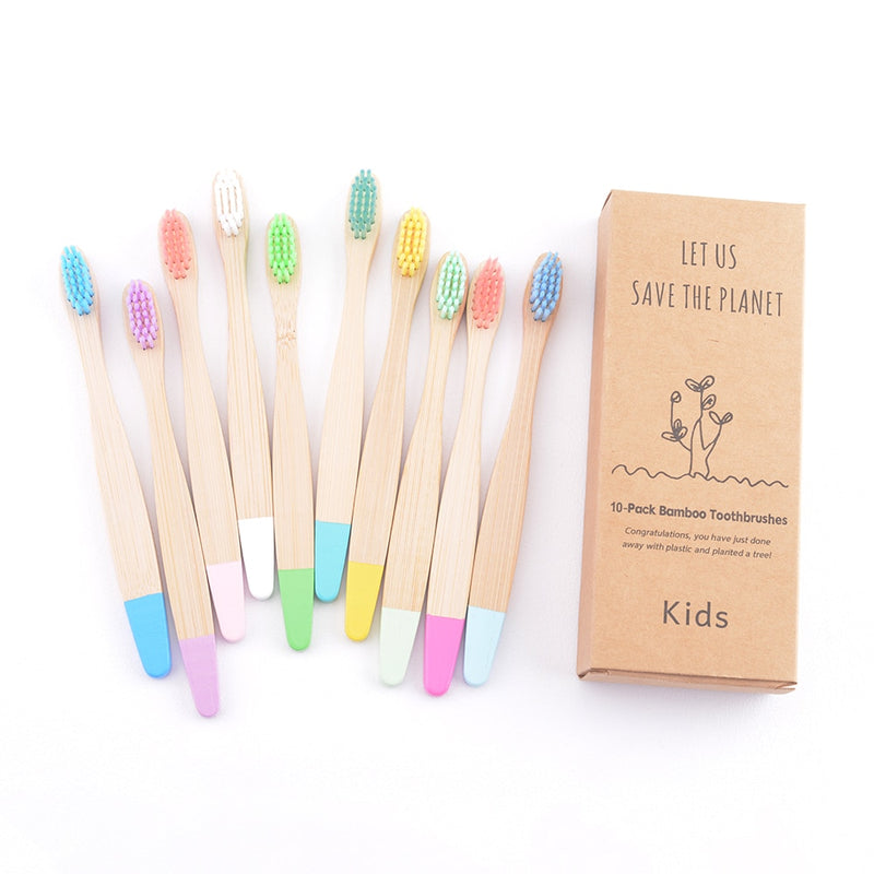 😁 Escova Infantil de Bambu - Kit com 10 escovas de dentes para crianças - Tons pastéis