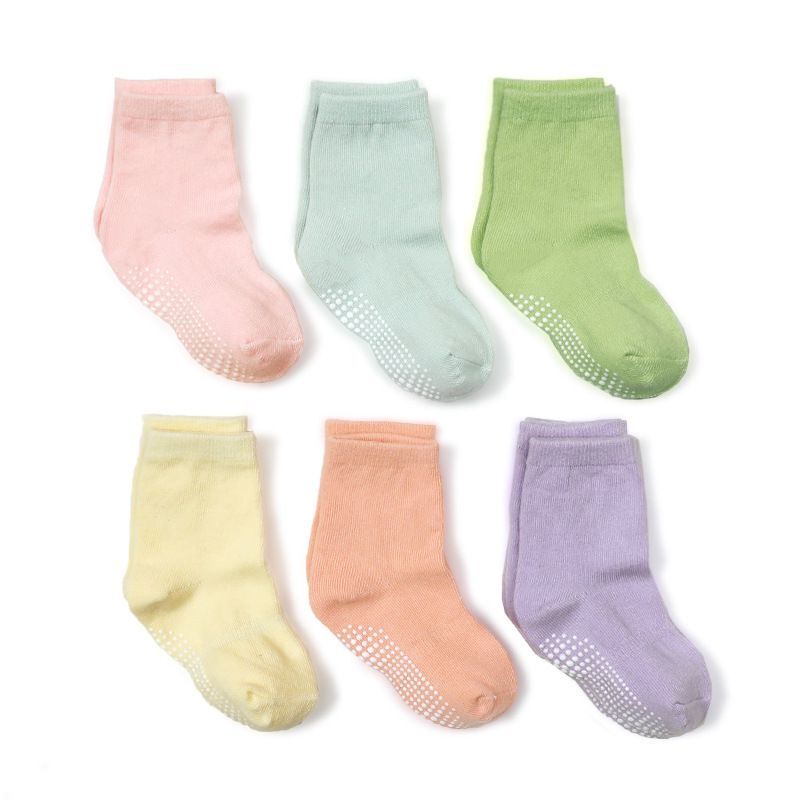 Kit infantil com 6 pares de meias coloridas antiderrapantes para crianças de 0 a 2 anos