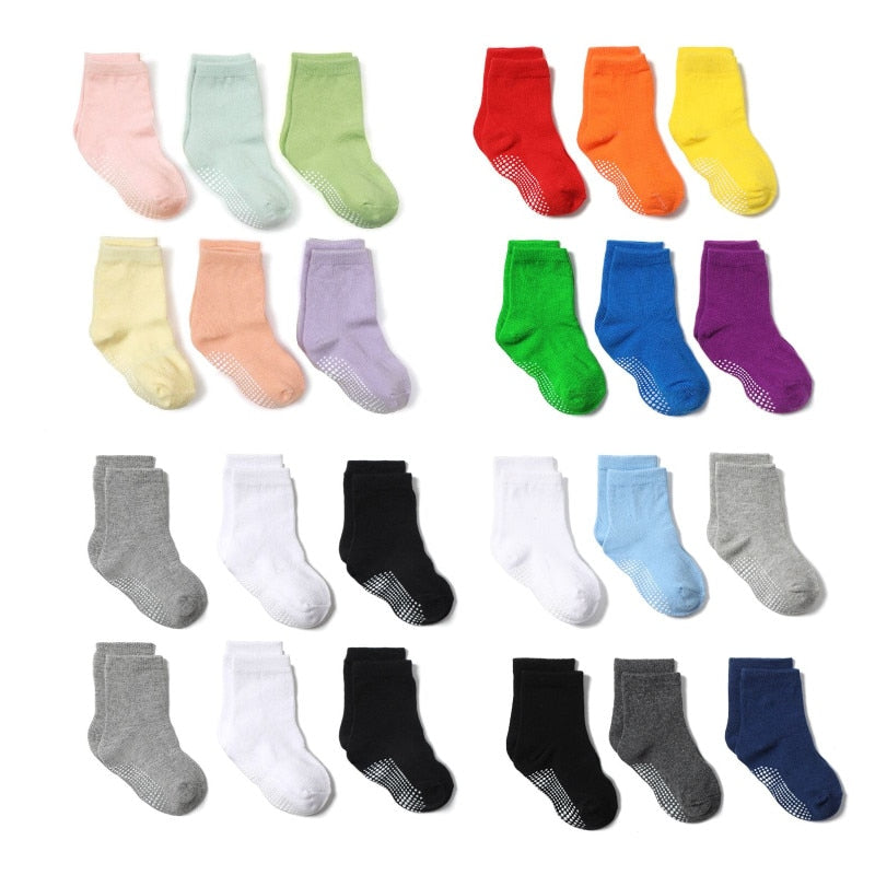 Kit infantil com 6 pares de meias coloridas antiderrapantes para crianças de 0 a 2 anos